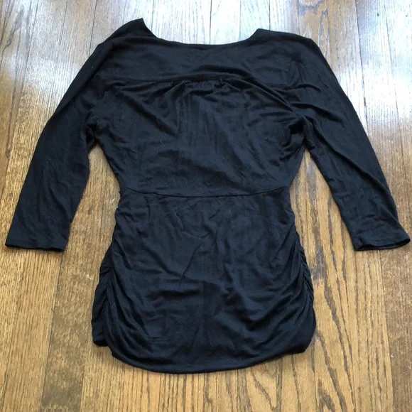 Elegant Black Ruched Seep V-Neck Stretch 3/4 Sleeve Sexy Bodycon Top - Picture 6 of 6